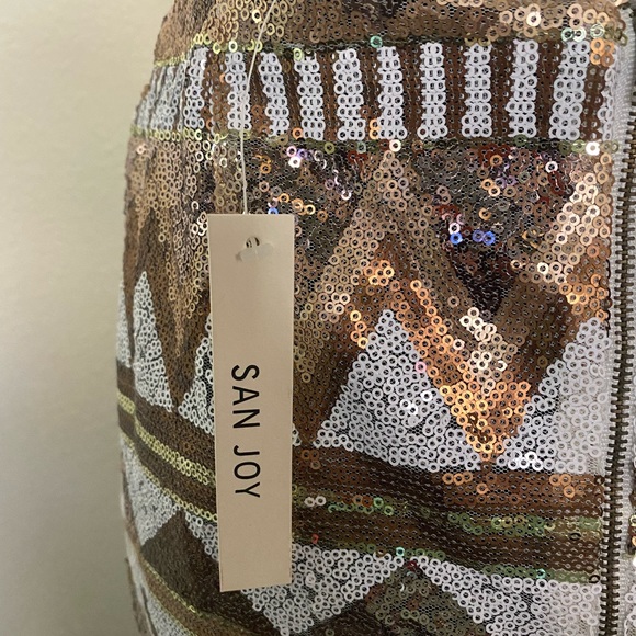 San Joy Women Skirt Size M Sequin Gold White Lined Mini Party Wedding Skirt - Picture 5 of 8